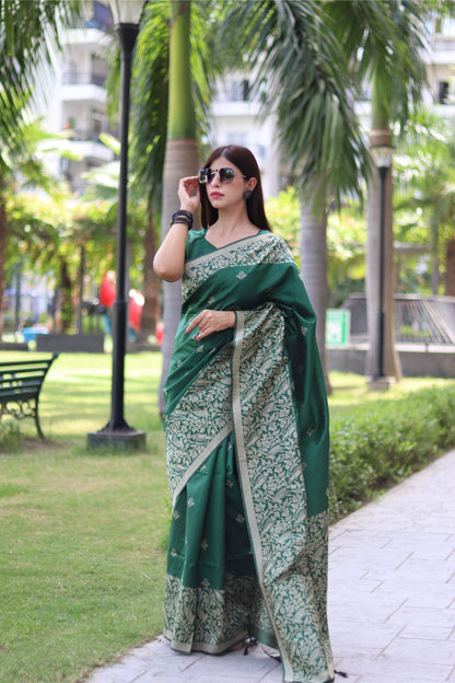 Jyoti Fashion Women's Green Handloom Raw Silk Weaving Pallu Traditional Saree with Blouse