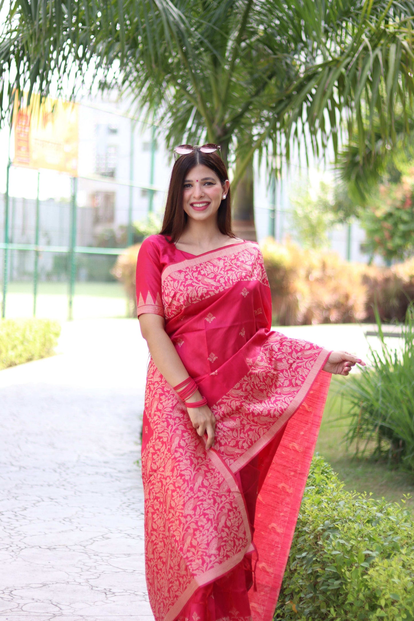 Jyoti Fashion Women's Rani Pink Handloom Raw Silk Weaving Pallu Traditional Saree with Blouse