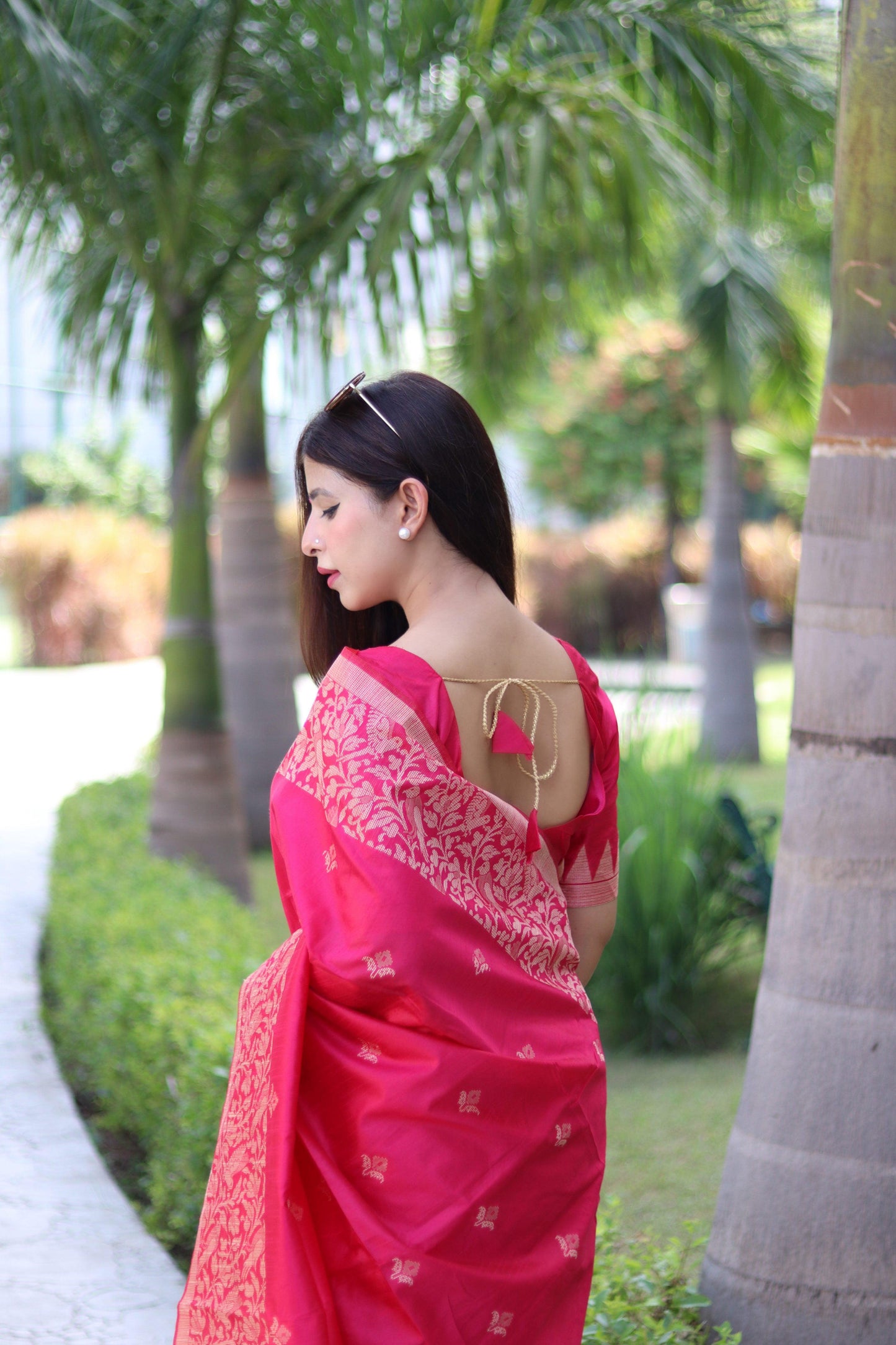 Jyoti Fashion Women's Rani Pink Handloom Raw Silk Weaving Pallu Traditional Saree with Blouse
