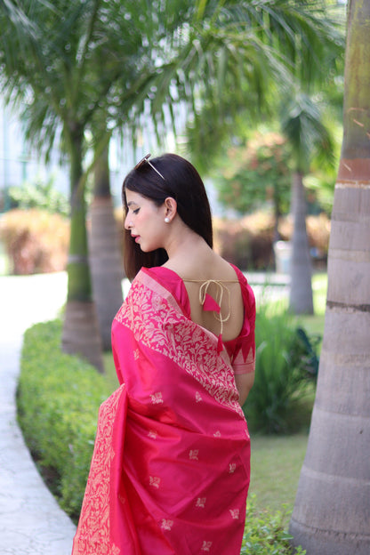 Jyoti Fashion Women's Rani Pink Handloom Raw Silk Weaving Pallu Traditional Saree with Blouse
