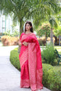 Jyoti Fashion Women's Rani Pink Handloom Raw Silk Weaving Pallu Traditional Saree with Blouse