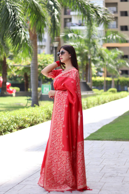 Jyoti Fashion Women's Red Handloom Raw Silk Weaving Pallu Traditional Saree with Blouse