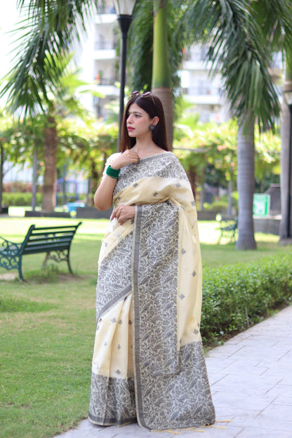 Jyoti Fashion Women's Cream Handloom Raw Silk Weaving Pallu Traditional Saree with Blouse