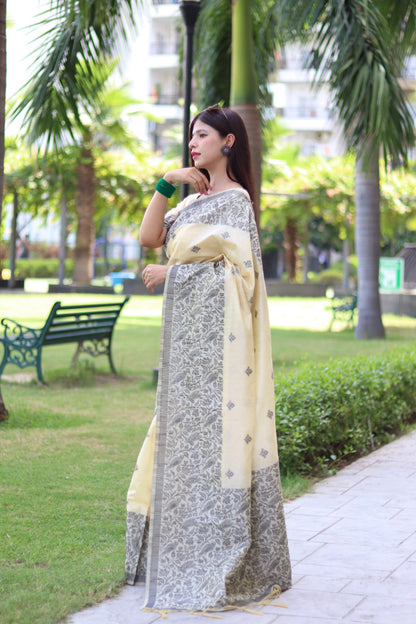 Jyoti Fashion Women's Cream Handloom Raw Silk Weaving Pallu Traditional Saree with Blouse