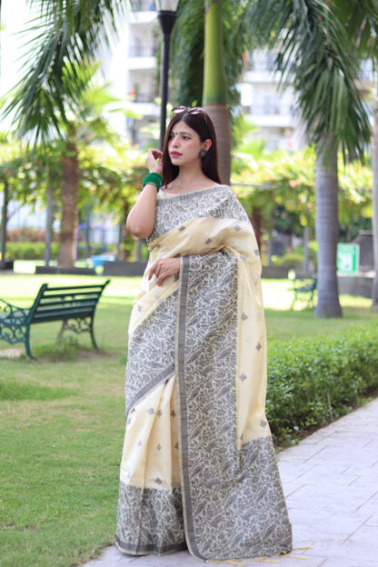 Jyoti Fashion Women's Cream Handloom Raw Silk Weaving Pallu Traditional Saree with Blouse