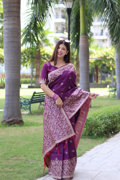 Jyoti Fashion Women's Purple Handloom Raw Silk Weaving Pallu Traditional Saree with Blouse