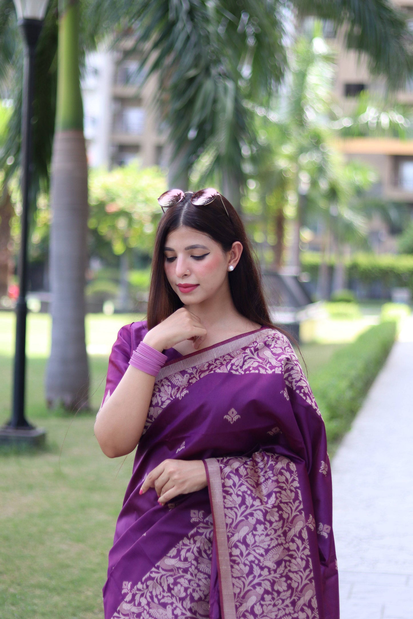 Jyoti Fashion Women's Purple Handloom Raw Silk Weaving Pallu Traditional Saree with Blouse