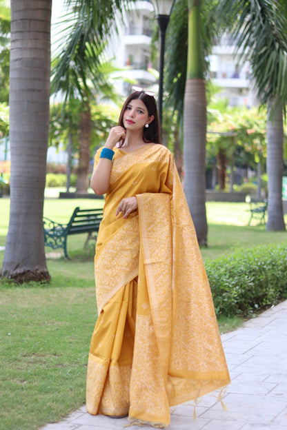 Jyoti Fashion Women's Yellow Handloom Raw Silk Weaving Pallu Traditional Saree with Blouse