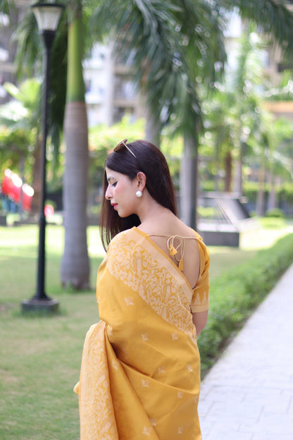 Jyoti Fashion Women's Yellow Handloom Raw Silk Weaving Pallu Traditional Saree with Blouse