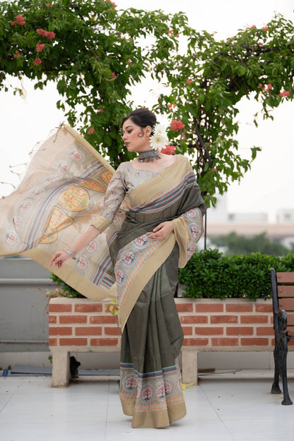 Jyoti Fashion Women's Verdun Green Soft Tussar Silk Traditional Print & Zari Border Saree with Blouse