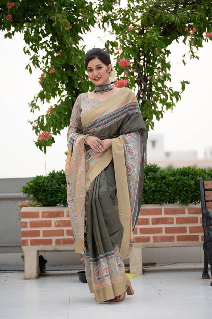Jyoti Fashion Women's Verdun Green Soft Tussar Silk Traditional Print & Zari Border Saree with Blouse
