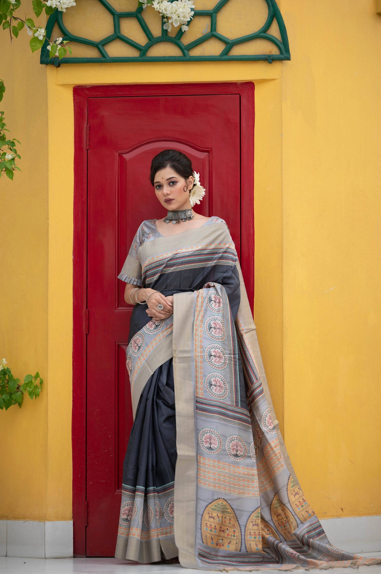 Jyoti Fashion Women's Black Soft Tussar Silk Traditional Print & Zari Border Saree with Blouse