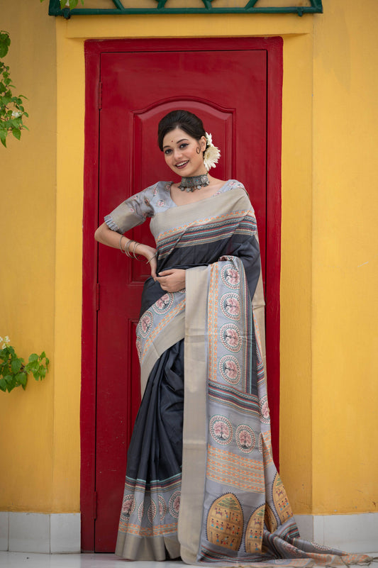 Jyoti Fashion Women's Black Soft Tussar Silk Traditional Print & Zari Border Saree with Blouse