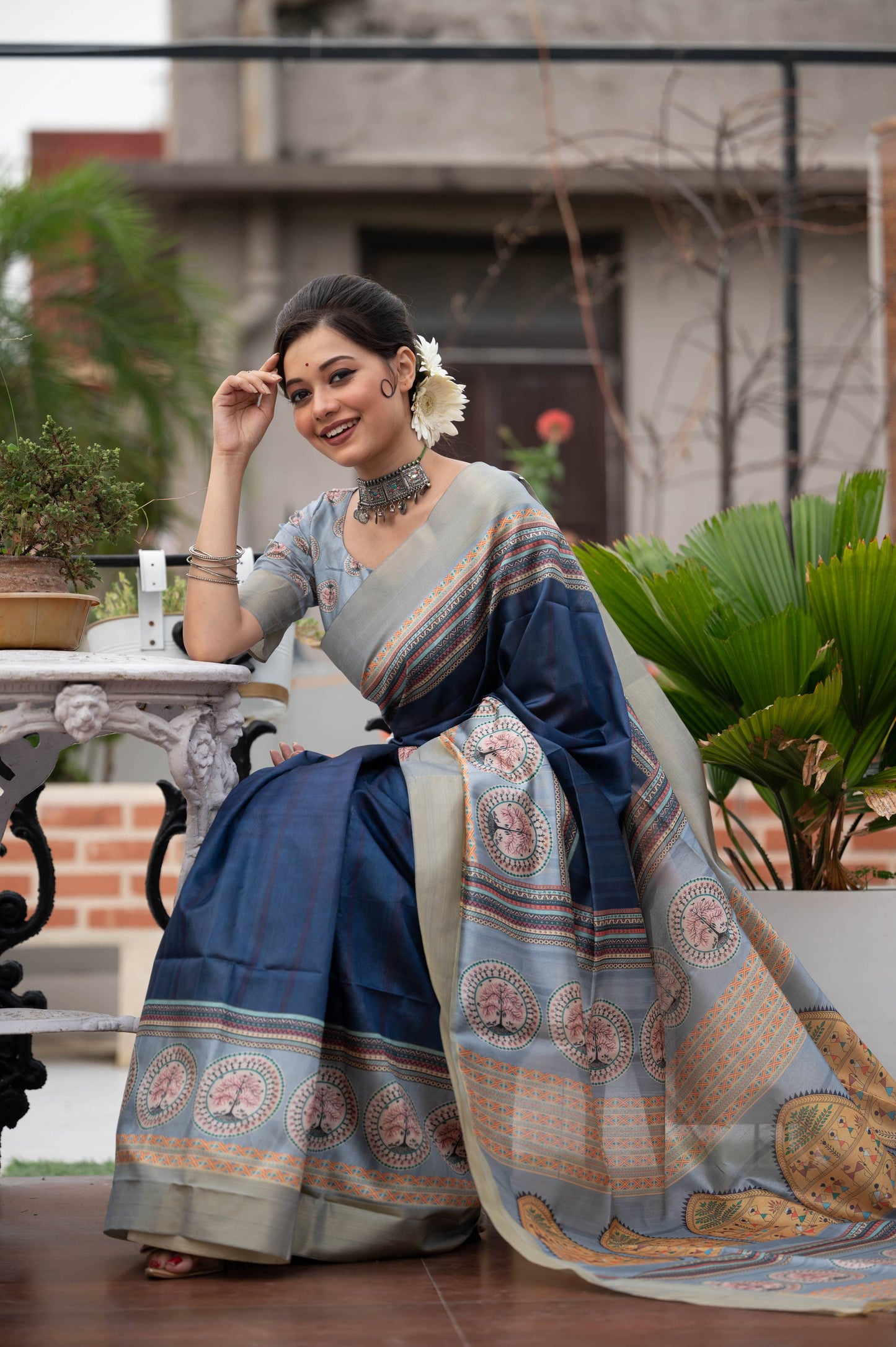 Jyoti Fashion Women's Navy Blue Soft Tussar Silk Traditional Print & Zari Border Saree with Blouse