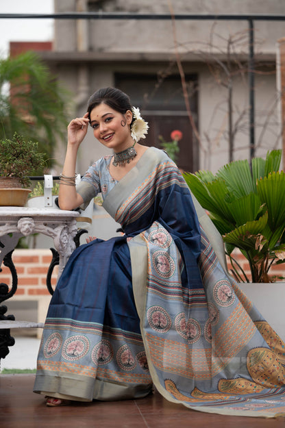 Jyoti Fashion Women's Navy Blue Soft Tussar Silk Traditional Print & Zari Border Saree with Blouse