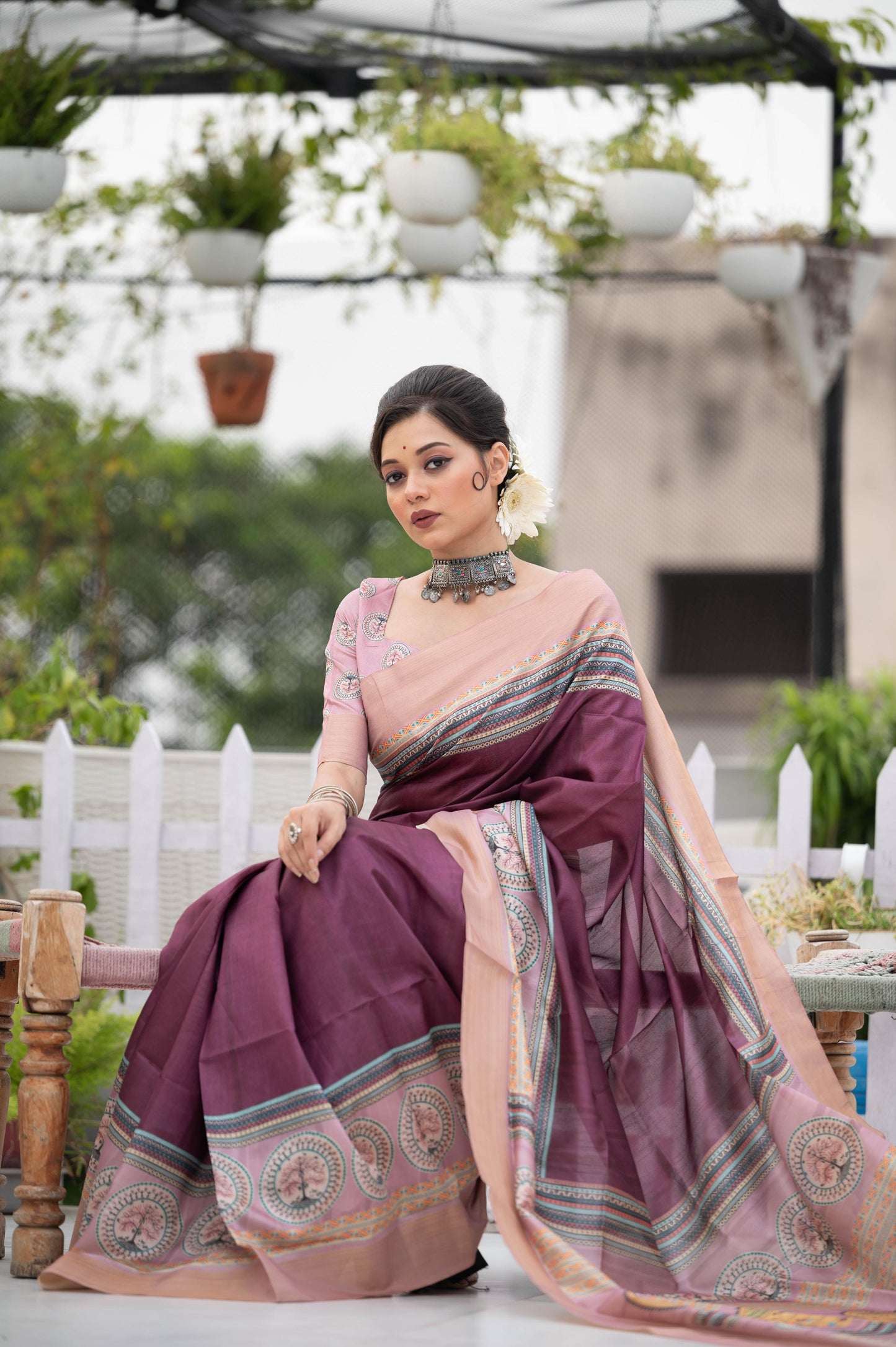 Jyoti Fashion Women's Wine Soft Tussar Silk Traditional Print & Zari Border Saree with Blouse