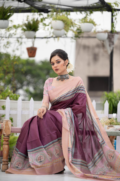 Jyoti Fashion Women's Wine Soft Tussar Silk Traditional Print & Zari Border Saree with Blouse