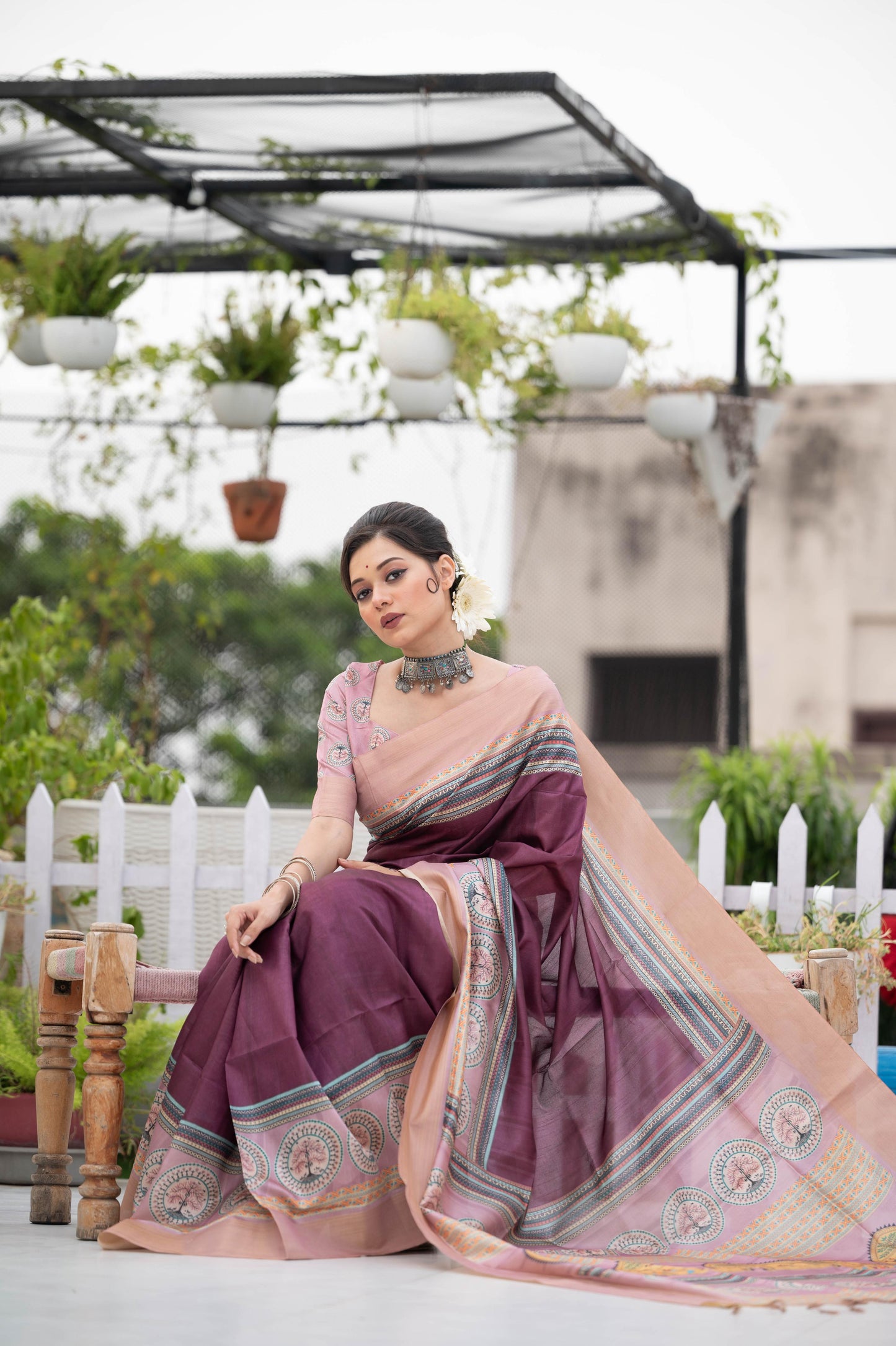 Jyoti Fashion Women's Wine Soft Tussar Silk Traditional Print & Zari Border Saree with Blouse