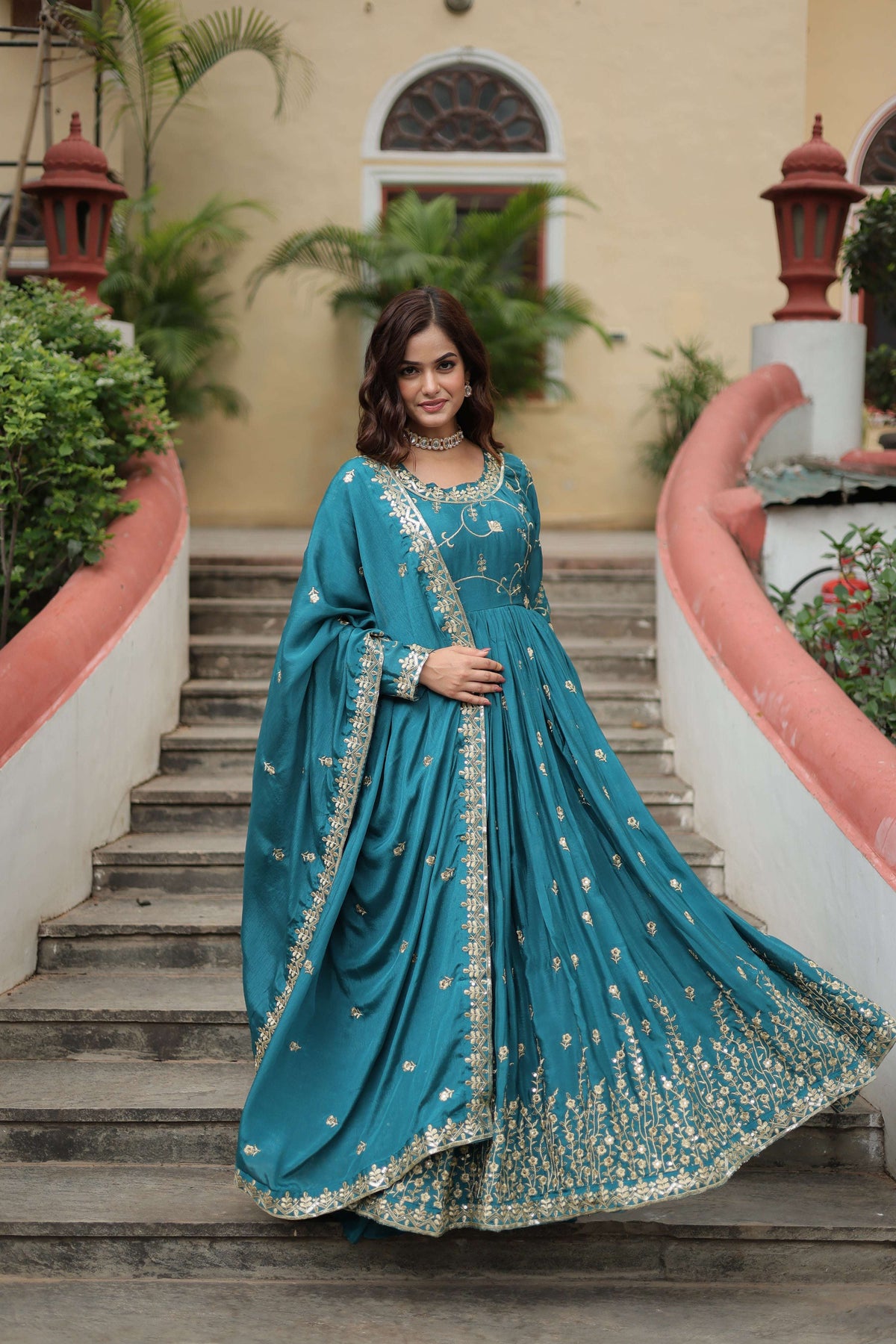 Jyoti Fashion Women's Rama Chinon Rich Sequins Embroidered Kurta Set with Dupatta