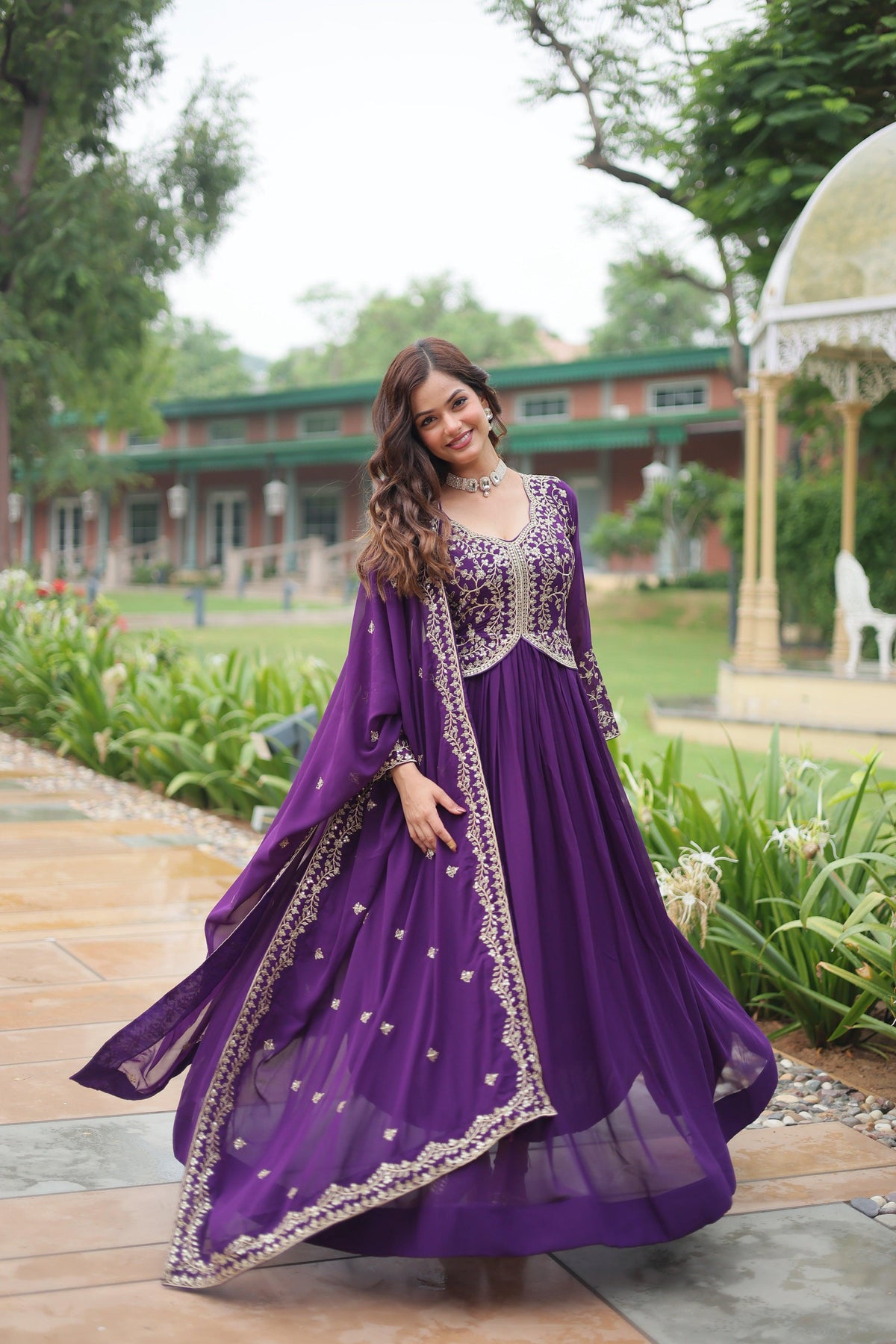 Jyoti Fashion Women's Purple Faux Blooming Sequins Zari Embroidered Long Anarkali Sets