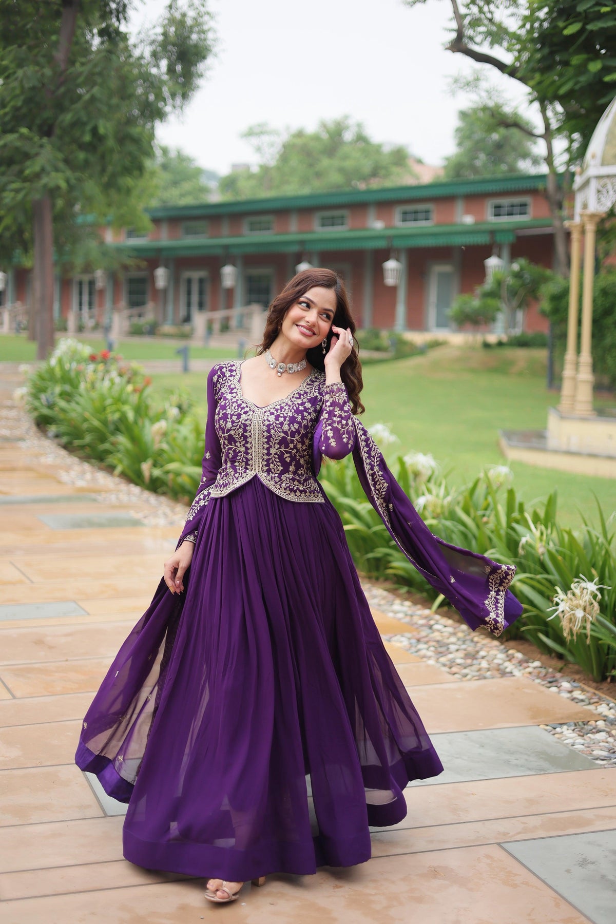 Jyoti Fashion Women's Purple Faux Blooming Sequins Zari Embroidered Long Anarkali Sets