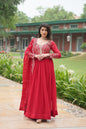 Jyoti Fashion Women's Red Faux Blooming Sequins Zari Embroidered Long Anarkali Sets