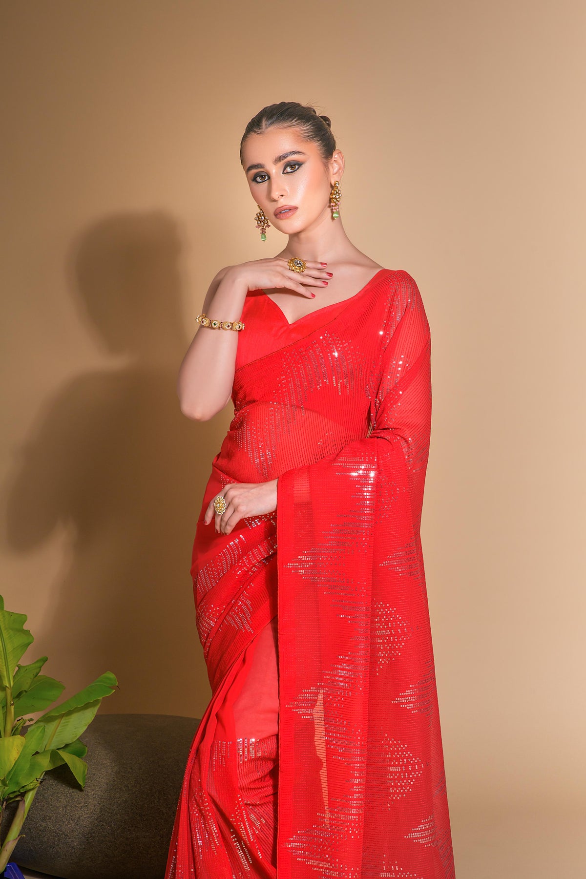 Jyoti Fashion Women's Red Georgette Sequins Embroidered Designer Saree with Blouse