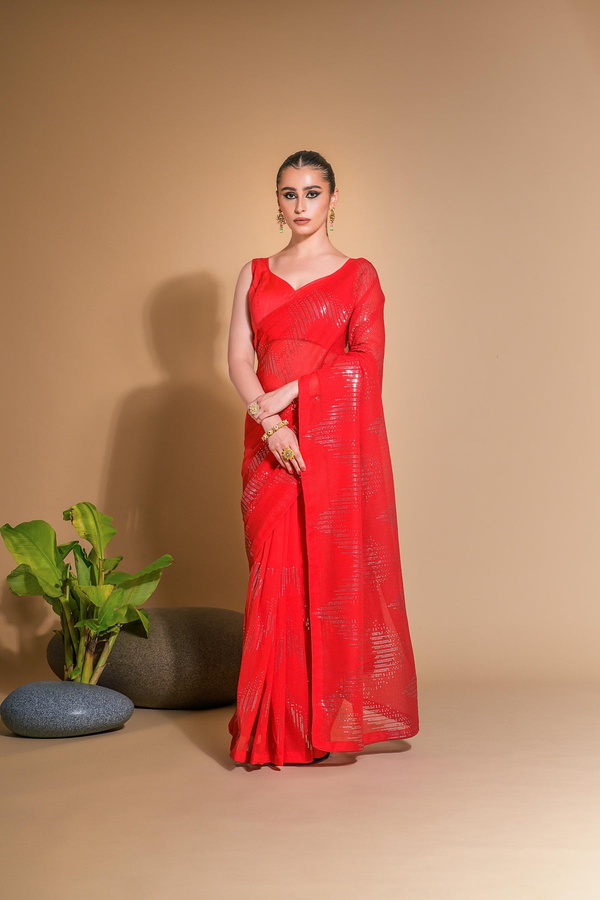 Jyoti Fashion Women's Red Georgette Sequins Embroidered Designer Saree with Blouse