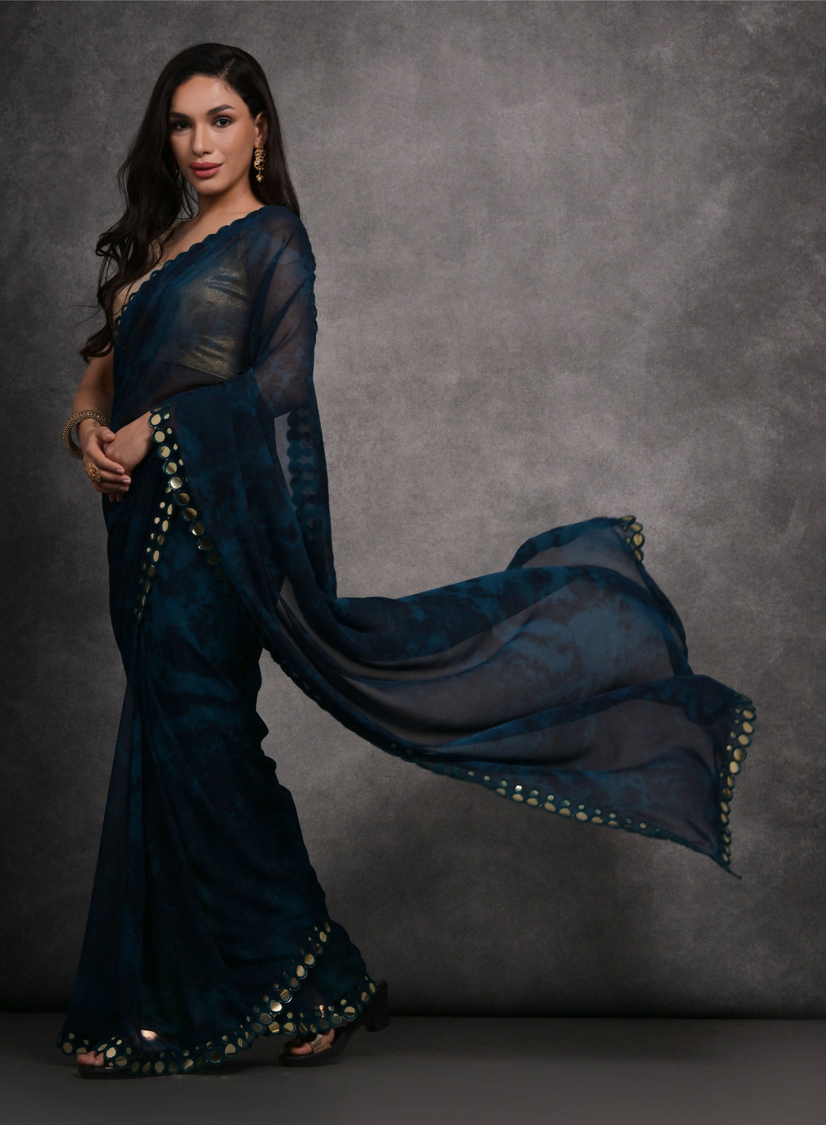 Jyoti Fashion Women's Navy Blue Chiffon Print with Mirror Work Designer Saree with Blouse