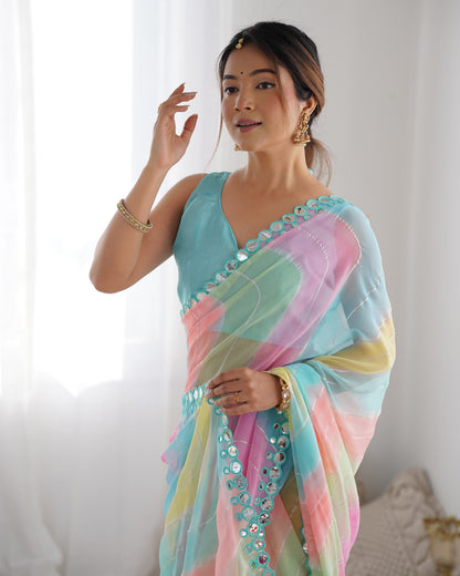Jyoti Fashion Women's Multicolor Georgette Print with Mirror Work Designer Saree with Blouse
