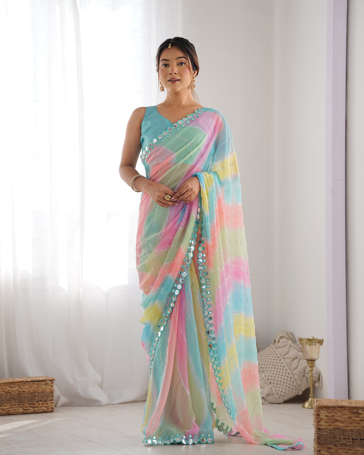 Jyoti Fashion Women's Multicolor Georgette Print with Mirror Work Designer Saree with Blouse