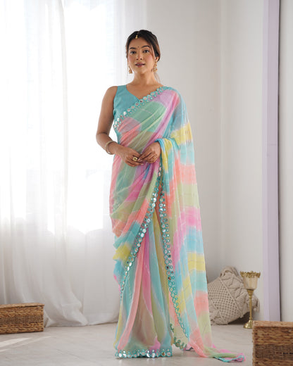 Jyoti Fashion Women's Multicolor Georgette Print with Mirror Work Designer Saree with Blouse