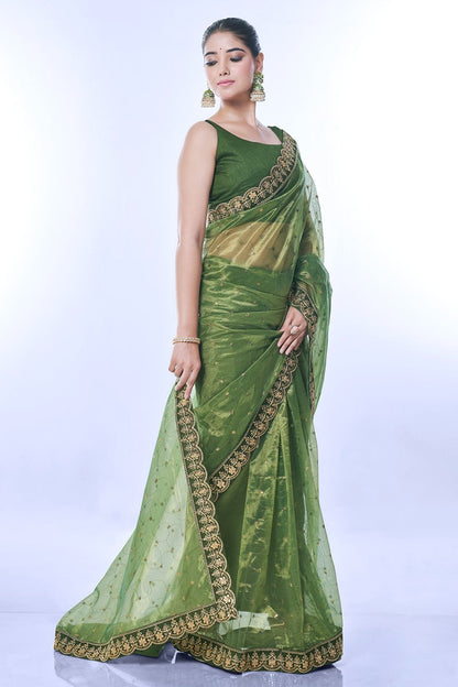 Jyoti Fashion Women's Green Net Sequins Embroidered Designer Saree with Blouse