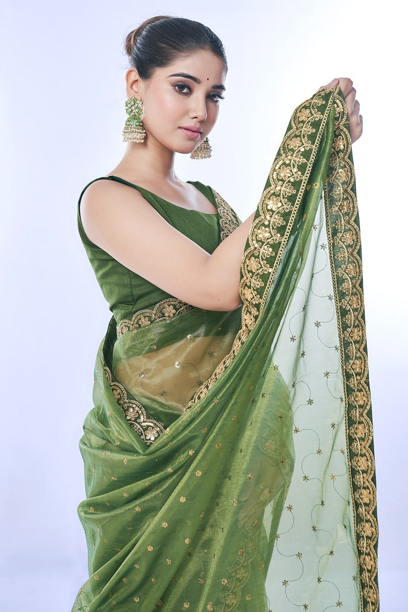 Jyoti Fashion Women's Green Net Sequins Embroidered Designer Saree with Blouse