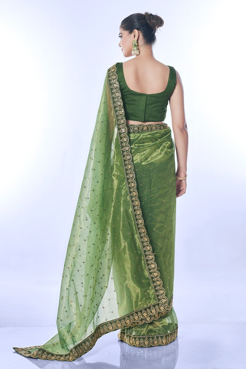 Jyoti Fashion Women's Green Net Sequins Embroidered Designer Saree with Blouse