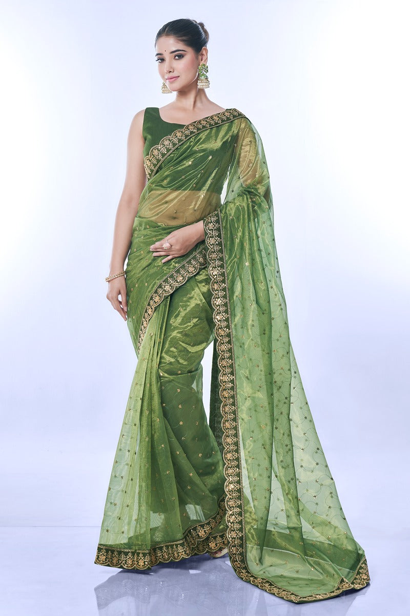 Jyoti Fashion Women's Green Net Sequins Embroidered Designer Saree with Blouse