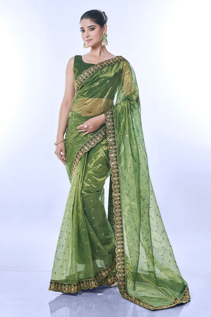 Jyoti Fashion Women's Green Net Sequins Embroidered Designer Saree with Blouse