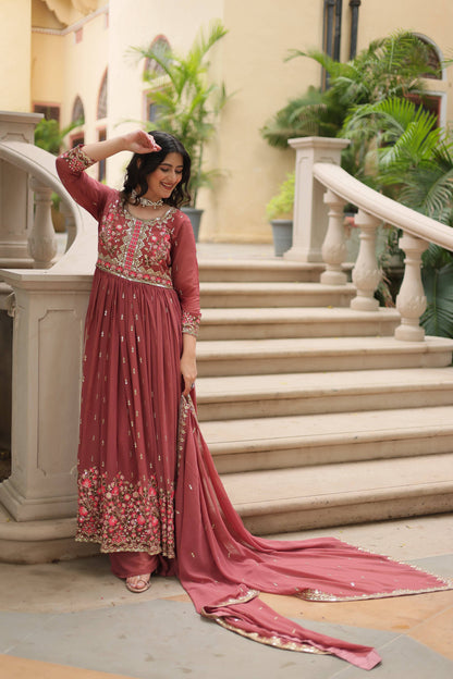 Jyoti Fashion Women's Gajri Faux Georgette Rich Sequins Embroidered Anarkali Set with Dupatta