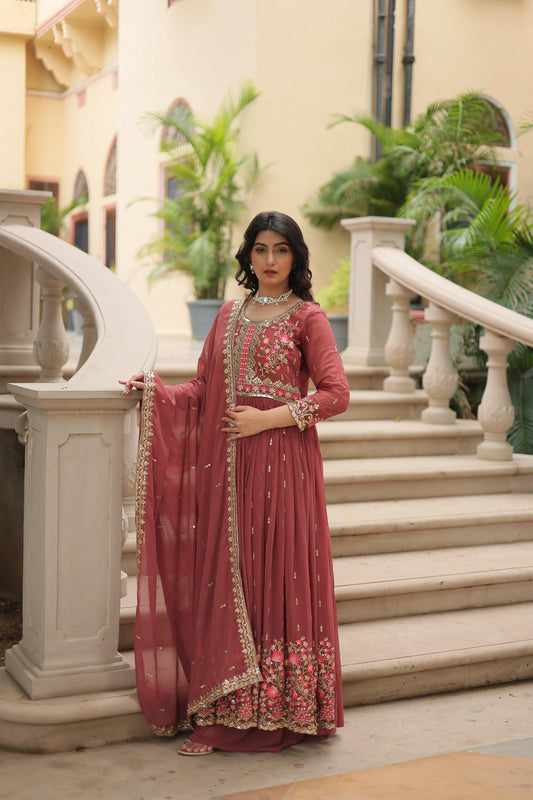 Jyoti Fashion Women's Gajri Faux Georgette Rich Sequins Embroidered Anarkali Set with Dupatta