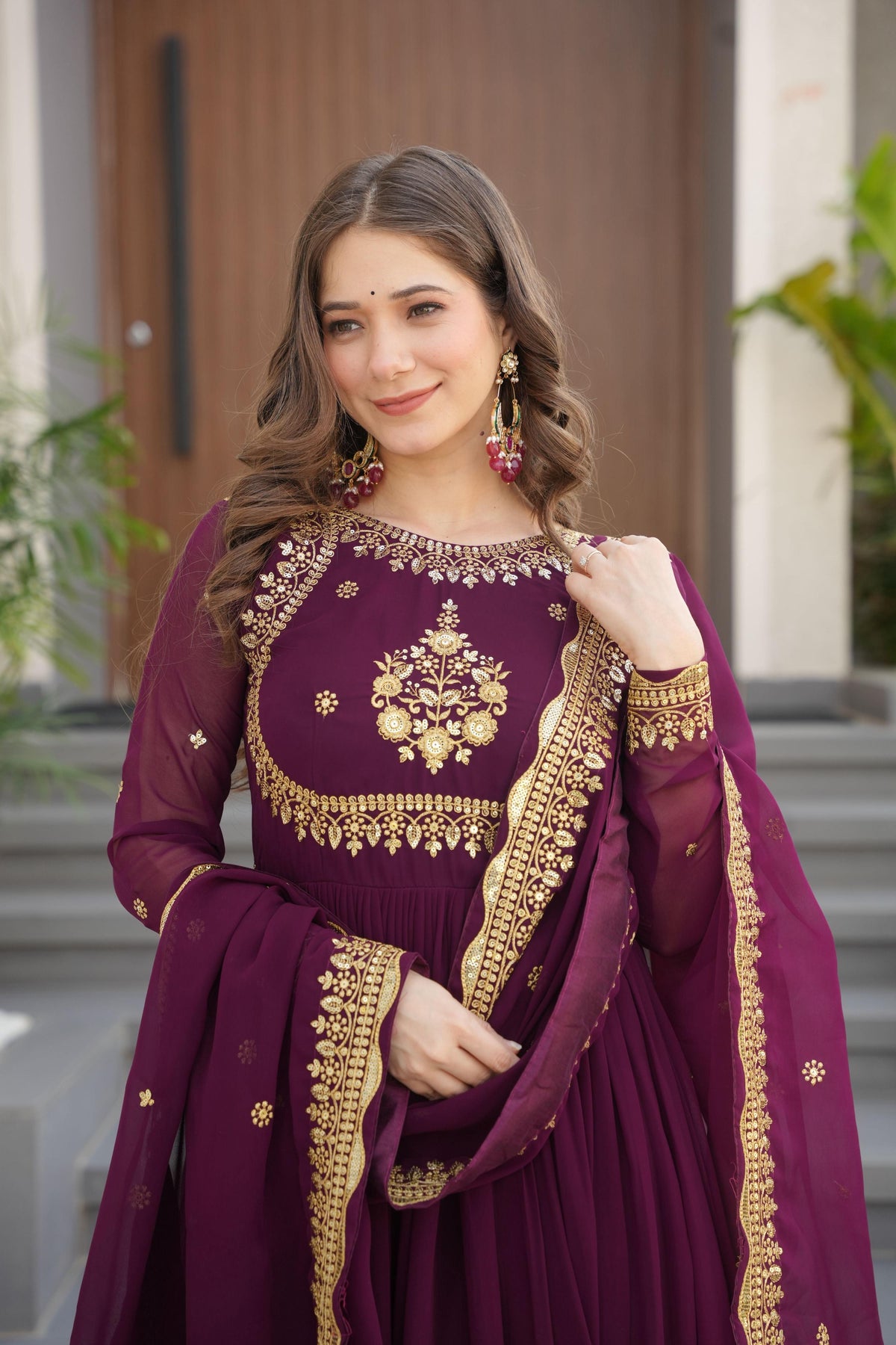 Jyoti Fashion Women's Wine Faux Georgette Zari Thread & Sequins Embroidered Anarkali Set with Dupatta