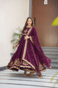 Jyoti Fashion Women's Wine Faux Georgette Zari Thread & Sequins Embroidered Anarkali Set with Dupatta