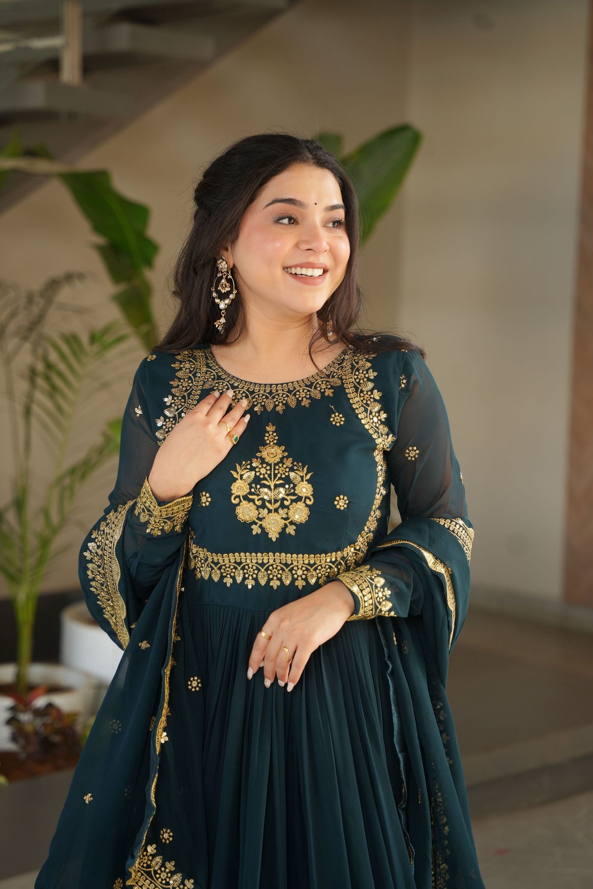 Jyoti Fashion Women's Rama Faux Georgette Zari Thread & Sequins Embroidered Anarkali Set with Dupatta