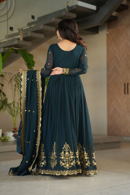 Jyoti Fashion Women's Rama Faux Georgette Zari Thread & Sequins Embroidered Anarkali Set with Dupatta