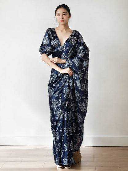 Jyoti Fashion Women's Navy Blue Chinon Digital Printed Ready To Wear Saree with Blouse