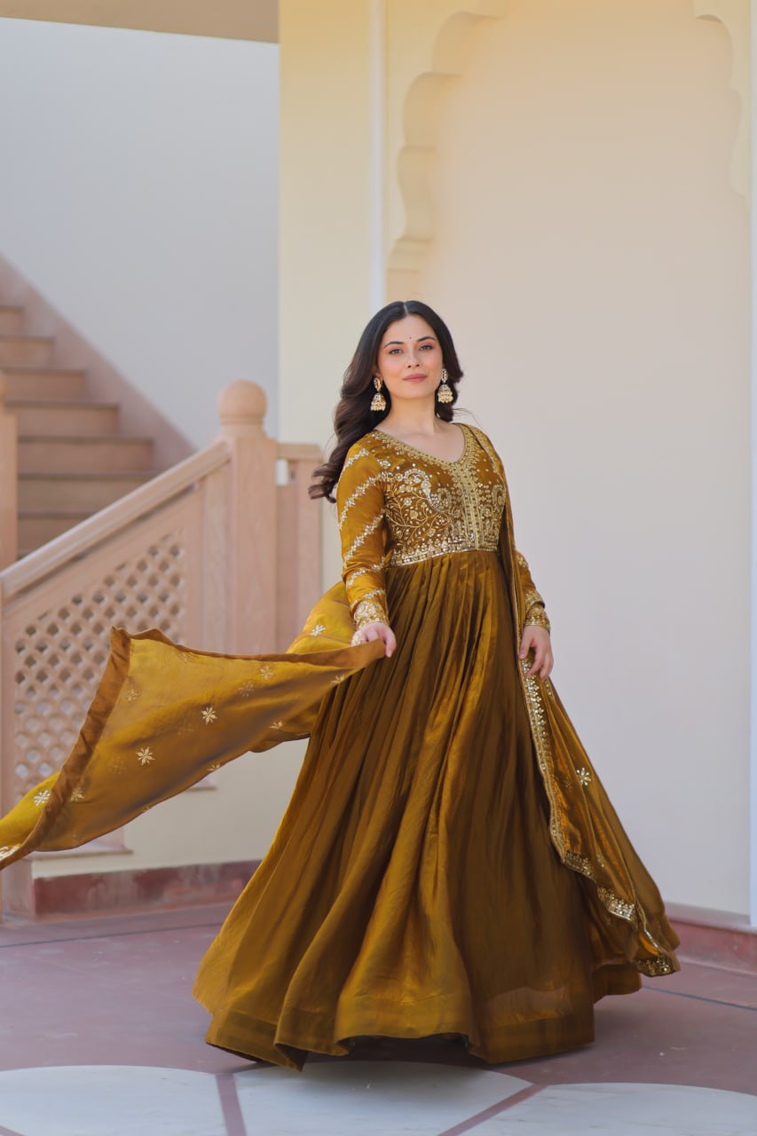 Jyoti Fashion Women's Mehendi Fendi Sequins & Zari Embroidered Anarkali Set With Dupatta