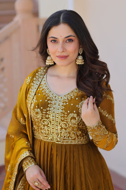Jyoti Fashion Women's Mehendi Fendi Sequins & Zari Embroidered Anarkali Set With Dupatta
