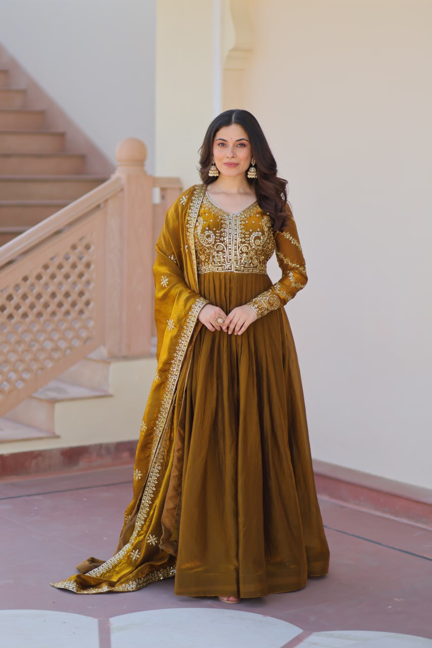 Jyoti Fashion Women's Mehendi Fendi Sequins & Zari Embroidered Anarkali Set With Dupatta