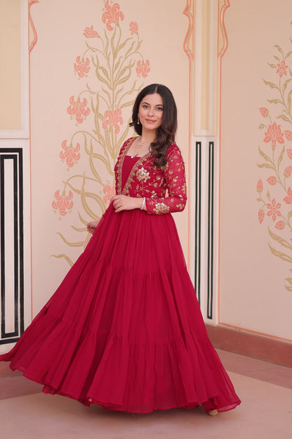 Jyoti Fashion Women's Rani Pink Faux Blooming Sequins & Zari Embroidered Long Designer Anarkali Set