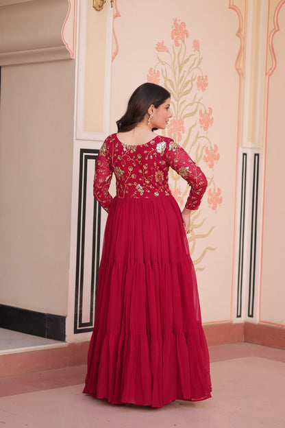 Jyoti Fashion Women's Rani Pink Faux Blooming Sequins & Zari Embroidered Long Designer Anarkali Set