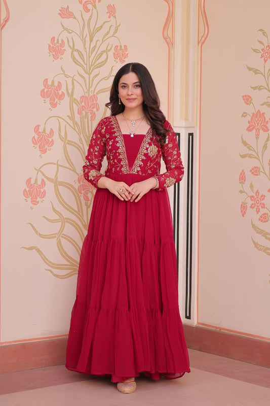 Jyoti Fashion Women's Rani Pink Faux Blooming Sequins & Zari Embroidered Long Designer Anarkali Set